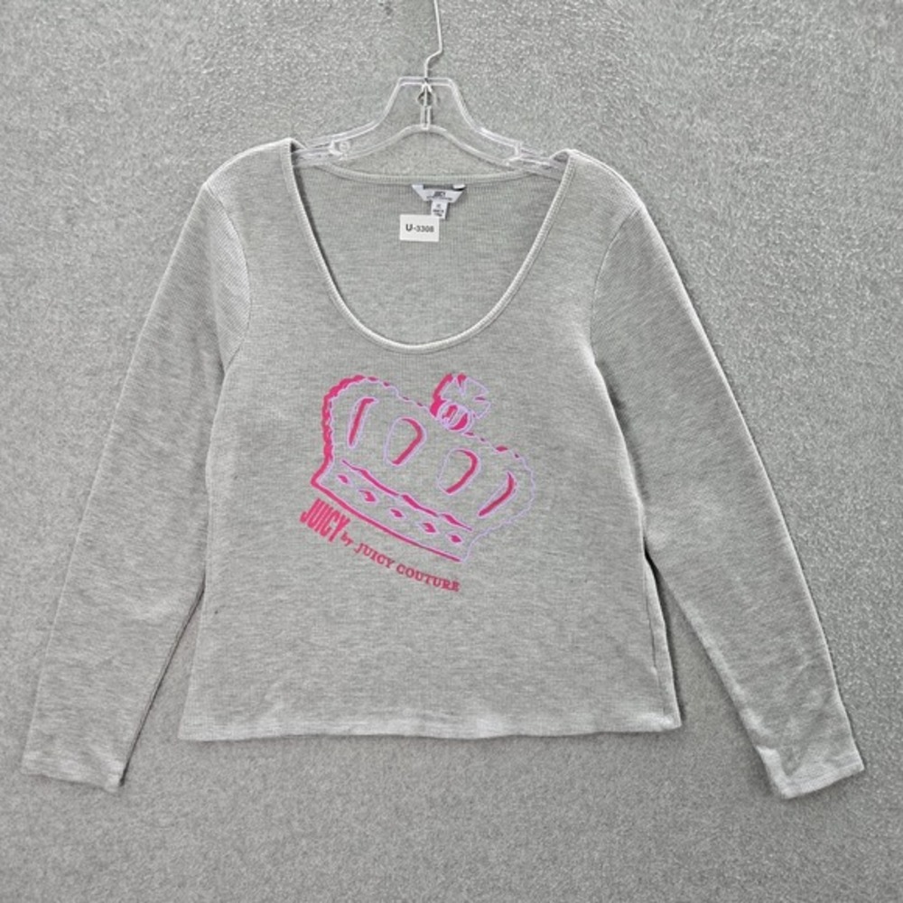 Juicy by Juicy Couture Women Top XL Gray Shirt Logo Graphic Waffle Knit‎ Scoop